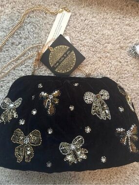 Embellished Black Velvet Bow Evening Clutch